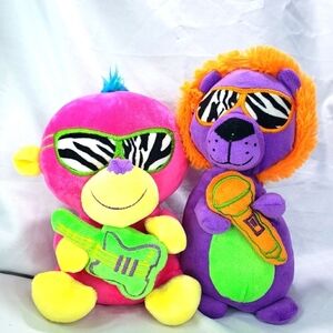 Neon Rainbow Rockin Monkey & Neon Purple Rockin Lion Plush Set Black Light Fun